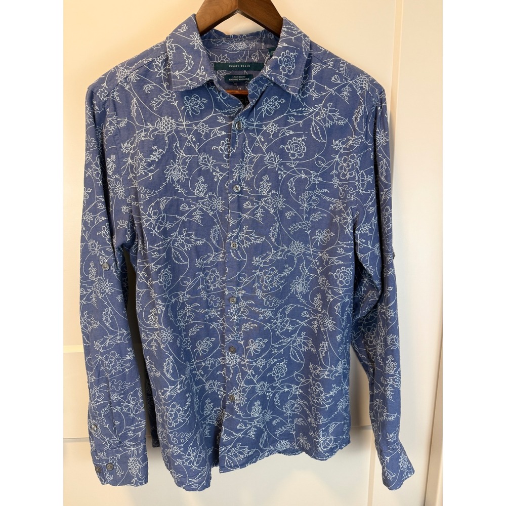 Perry Ellis Blue Floral Linen Blend Casual Button Shirt Size S